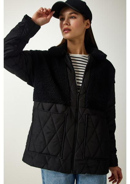 Peluş Detaylı Kapitone Mont LDD0040 Siyah modelleri