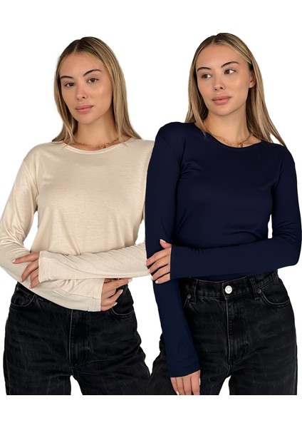 Kadın Uzun Kollu Bisiklet Yaka Penye Body 2'li Set