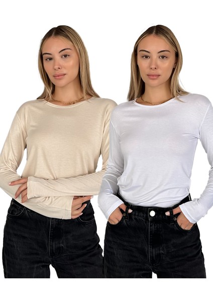 Kadın Uzun Kollu Bisiklet Yaka Penye Body 2'li Set