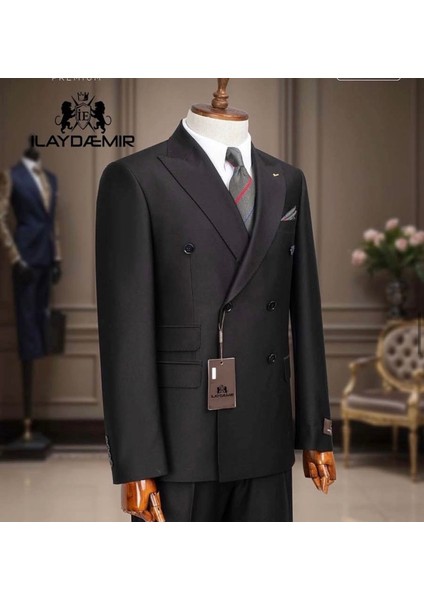 Slim Fit, Kruvaze, Cift Cepli, Erkek Takım Elbise, Kırlangıç Yaka, Siyah