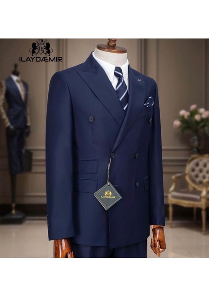 Erkek Takım Elbise, Slim Fit, Kırlangıç Yaka, Kruvaze, Lacivert