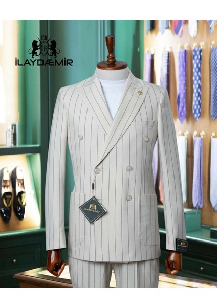 Kırlangıç Yaka,torba Cepli, Kruvaze, Çizgili, Erkektakım Elbise, Slim Fit, Krem