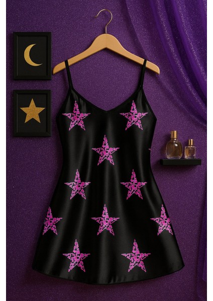 Yıldız Desenli Siyah Saten Gecelik