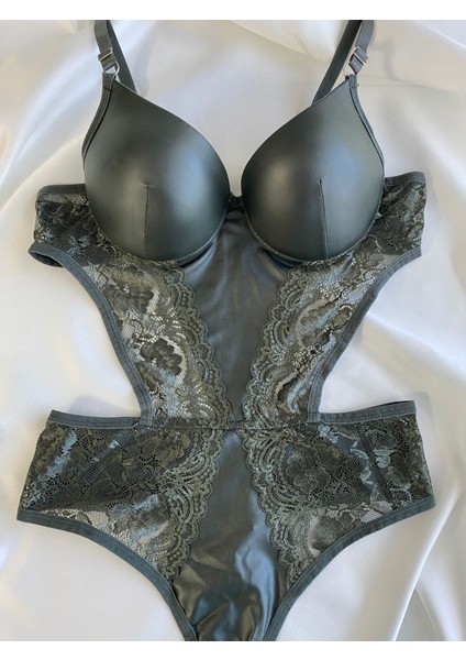 Beyaz Gelincik Underwear Kadın Dantelli Deri Haki Transparan Çıtçıtlı Sütyenli Body Bodysuit Fantezi Iç Çamaşır fiyatları