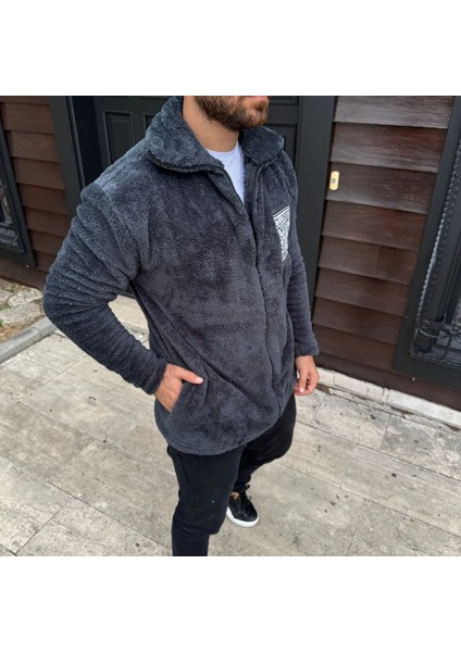 Erkek Polar Fermuarlı Sweatshirt – Kapüşonsuz, Cepli, Yumuşak Dokulu, Oversize Rahat Kalıp, Kışlık Sıcak Tutan Fermuarlı Üst - Füme modelleri