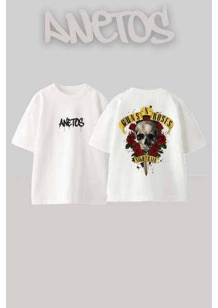 Guns N' Roses 11 Tasarım Sırt Baskılı Pamuk Beyaz Oversize T-Shirt