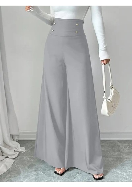 Kadın Yüksek Bel Düğmeli Geniş Paçalı Ithal Krep Pantolon fırsatları