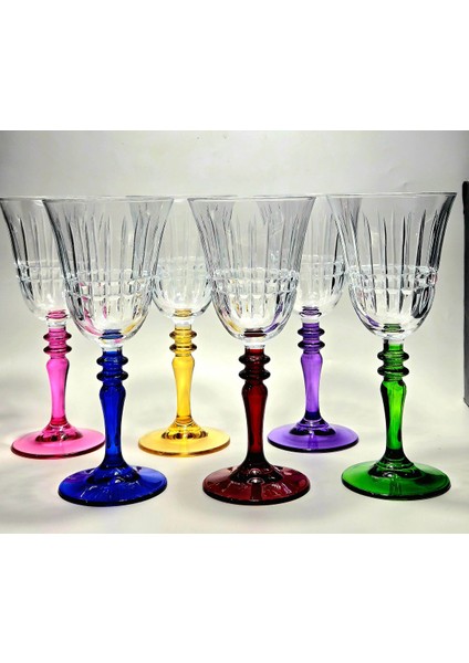 El Yapımı Kristal Lizbon Rengarenk Dekoratif Sunumluk Kadeh Seti 6'lı