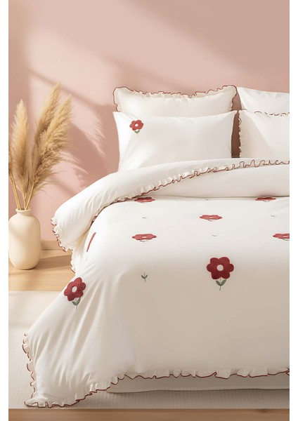 Florita Vişne Çift Kişilik Nakışlı Nevresim Takımı & Çeyiz Seti %100 Pamuklu