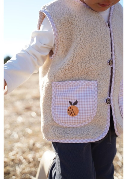 Şeftali Nakışlı Teddy Krem Bebek Çocuk Yeleği