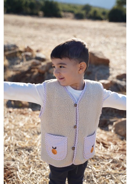 Şeftali Nakışlı Teddy Krem Bebek Çocuk Yeleği fiyatları