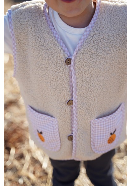 Şeftali Nakışlı Teddy Krem Bebek Çocuk Yeleği modelleri