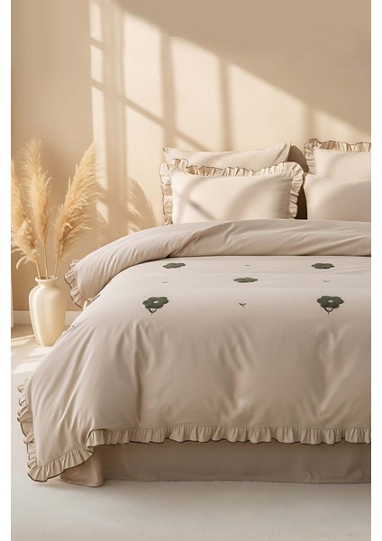 Florita Cappuccino Çift Kişilik Nakışlı Nevresim Takımı & Çeyiz Seti %100 Pamuklu