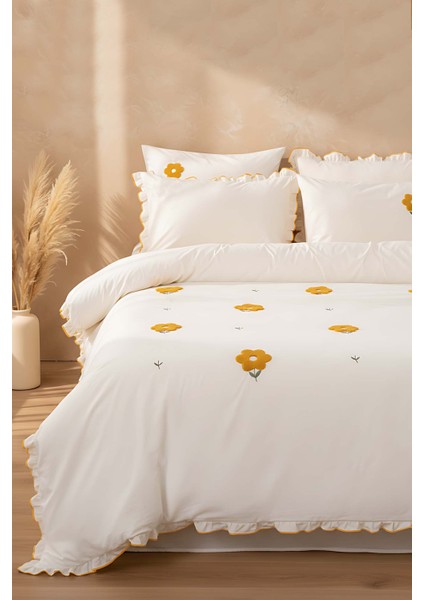 Florita Sarı Çift Kişilik Nakışlı 6 Parça Nevresim Takımı & Çeyiz Seti %100 Pamuklu fiyatları