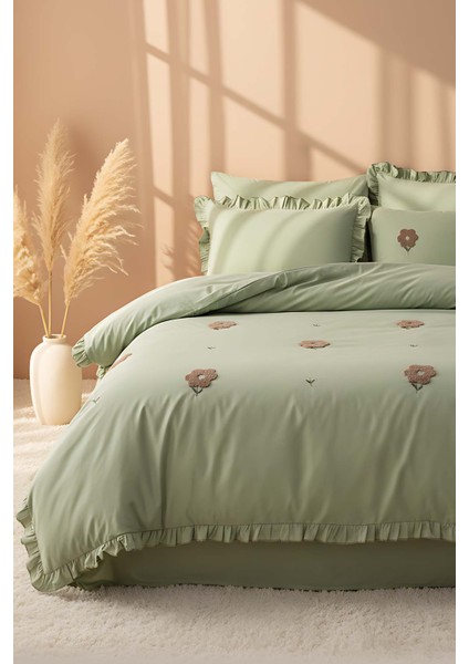 Florita Yeşil Çift Kişilik Nakışlı Nevresim Takımı %100 Pamuklu