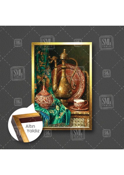Eski Işlemeli Ibrik Çaydanlık Fincan Osmanlı Antika Dekor Çerçeveli Dikey Kanvas Tablo fırsatları