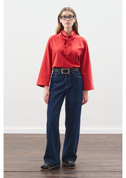 Yüksek Yaka Bağlamalı Bluz Kırmızı