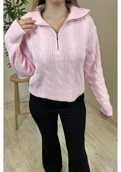 Kadın Pembe Fermuarlı Yaka Oversize Örgülü Triko Kazak