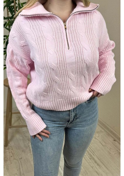 Kadın Pembe Fermuarlı Yaka Oversize Örgülü Triko Kazak fiyatları