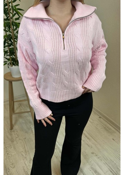 Kadın Pembe Fermuarlı Yaka Oversize Örgülü Triko Kazak modelleri