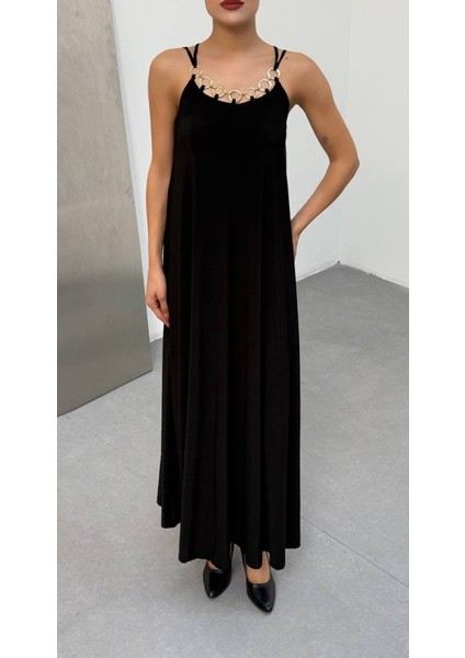 Kadın Omuz Askılı Kuş Gözü Zincir Detay Sandy Kumaş Maxi Boy Elbise fiyatları