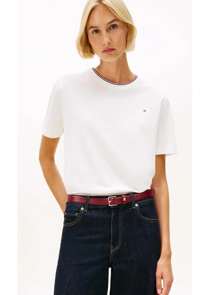 Ikonik Şeritli Pike Bisiklet Yaka Kısa Kollu Kadın Beyaz T-Shirt WW0WW47310YBL