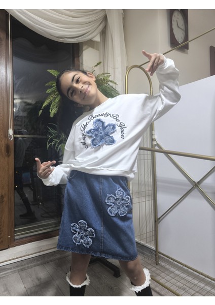 Kız Çocuk Kot Etekli Takım(Sweatshirt+Beli Lastikli Kısa Kot Etek) Çiçek Mavi