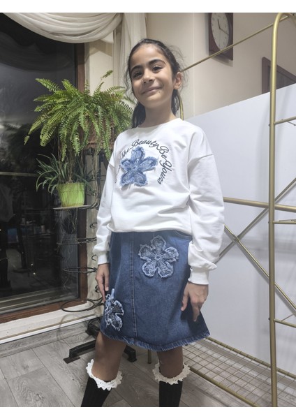 Kız Çocuk Kot Etekli Takım(Sweatshirt+Beli Lastikli Kısa Kot Etek) Çiçek Mavi fiyatları