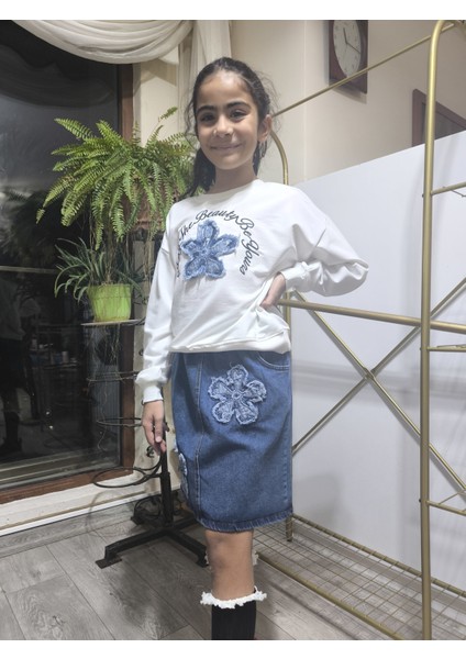 Kız Çocuk Kot Etekli Takım(Sweatshirt+Beli Lastikli Kısa Kot Etek) Çiçek Mavi modelleri