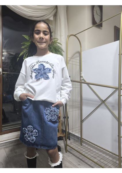 Kız Çocuk Kot Etekli Takım(Sweatshirt+Beli Lastikli Kısa Kot Etek) Çiçek Mavi fırsatları