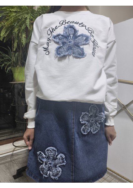 Kız Çocuk Kot Etekli Takım(Sweatshirt+Beli Lastikli Kısa Kot Etek) Çiçek Mavi indirimleri