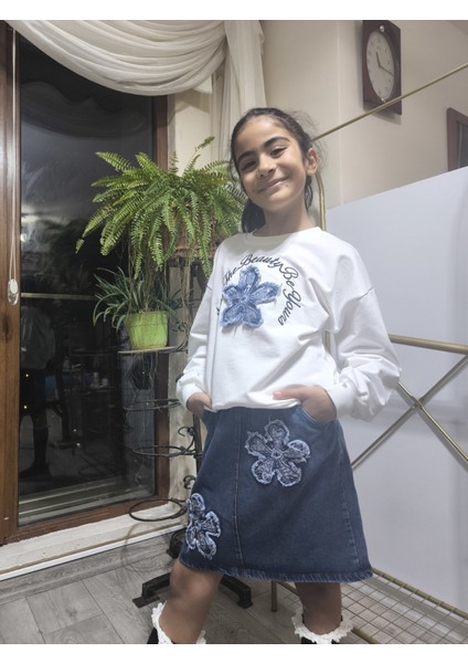 Kız Çocuk Kot Etekli Takım(Sweatshirt+Beli Lastikli Kısa Kot Etek) Çiçek Mavi