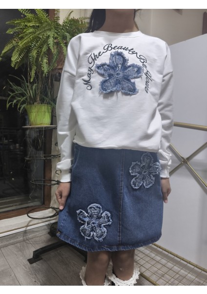 Kız Çocuk Kot Etekli Takım(Sweatshirt+Beli Lastikli Kısa Kot Etek) Çiçek Mavi