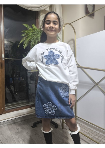 Kız Çocuk Kot Etekli Takım(Sweatshirt+Beli Lastikli Kısa Kot Etek) Çiçek Mavi