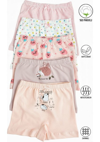 Özkan 41602 5'li Paket Kız Çocuk Karışık Renkli Desenli Pamuklu Yumuşak Rahat Şort Boxer