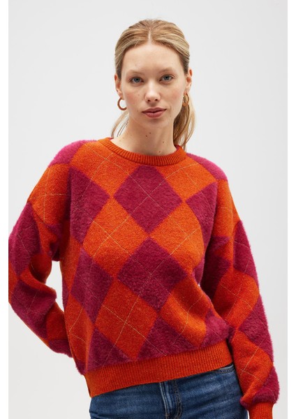 raluna Yurika Baklavalı Kadın Triko Kazak - Turuncu Multi