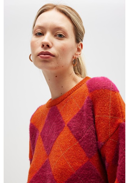 raluna Yurika Baklavalı Kadın Triko Kazak - Turuncu Multi fiyatları