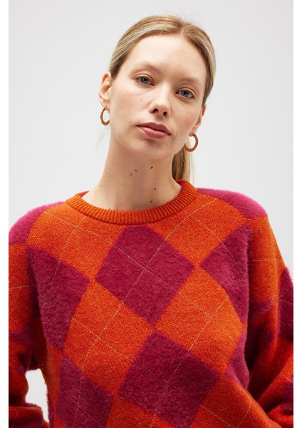 raluna Yurika Baklavalı Kadın Triko Kazak - Turuncu Multi modelleri