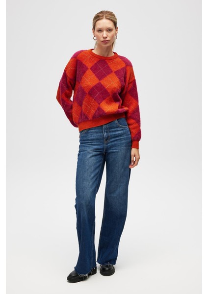 raluna Yurika Baklavalı Kadın Triko Kazak - Turuncu Multi fırsatları