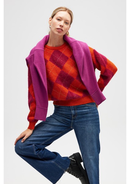 raluna Yurika Baklavalı Kadın Triko Kazak - Turuncu Multi indirimleri