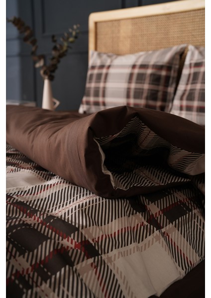 Çift Kişilik %100 Pamuk Nevresim Takımı Kahve Ekose fiyatları