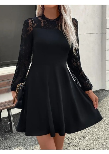Kadın Uzun Kollu Dantelli Kloş Mini Ithal Krep Elbise