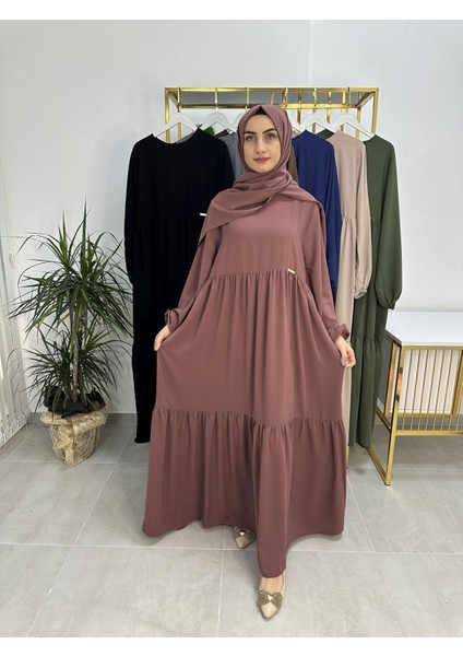 Iki Kat Büzgülü Elbise ve Şallı Takım .hijap ,abaya (Hac ve Umre Için Uygundur) Gül