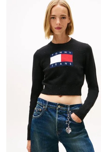 Tjw Işıltılı Bayrak Desenli Kadın Siyah Kazak DW0DW21690BDS