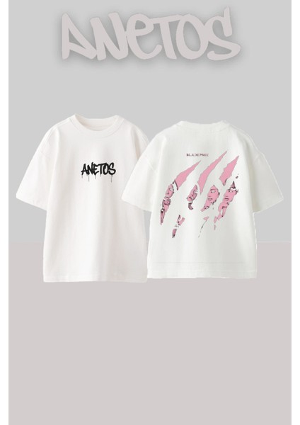 Black Pink 3 Tasarım Sırt Baskılı Pamuk Beyaz Oversize T-Shirt