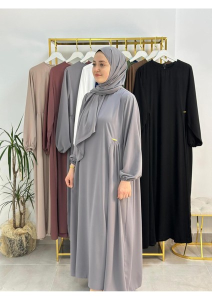 Şallı ,tesettür Yandan Büzgülü Elbise Takım Jilbab,abaya,hijab ( Hac ve Umre Için ) Gri Renk