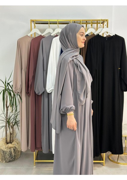 Şallı ,tesettür Yandan Büzgülü Elbise Takım Jilbab,abaya,hijab ( Hac ve Umre Için ) Gri Renk modelleri