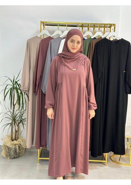 Yandan Büzgülü Elbise Sufle Esarp Takım Jilbab,abaya,hijab ( Hac ve Umre Için Uygundur) Gül fiyatları