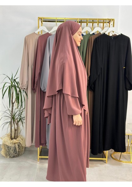 Yandan Büzgülü Elbise Sufle Esarp Takım Jilbab,abaya,hijab ( Hac ve Umre Için Uygundur) Gül indirimleri