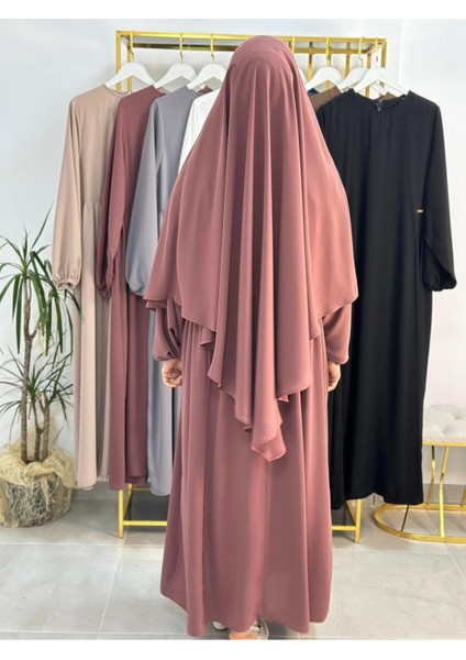 Yandan Büzgülü Elbise Sufle Esarp Takım Jilbab,abaya,hijab ( Hac ve Umre Için Uygundur) Gül